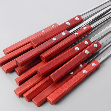 Stainless Steel BBQ Large Wooden Handle Flat Skewer Heat Resistant Easy Clean