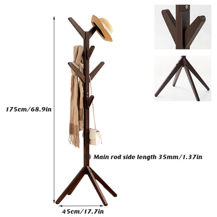Solid Wood Coat Rack Floor Standing Clothes Hanger with 8 Hooks