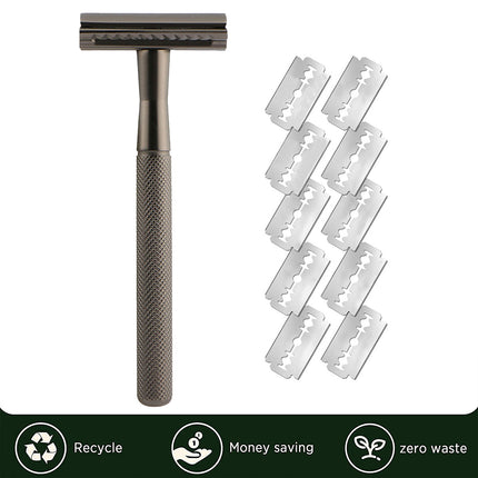 Double Edge Safety Razor Manual Shaver Diamond Grip Grey 10 Blades 4.3 x 10.8cm