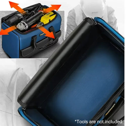 Large capacity tool bag wide opening main compartment - easy access to all tools with double zipper design