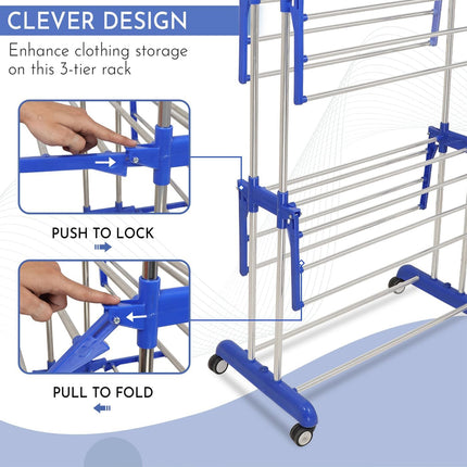 3 Tiers Indoor Folding Floor Standing Clothes Rack Movable Towel Organizer Shelf