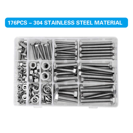 176PCS Stainless Steel Nut Set Silver Hardware Fasteners for Car Home DIY Repair
