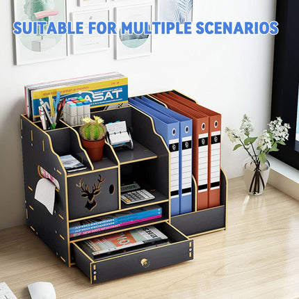 Wooden Desktop Storage Rack Office File Holder Organiser Drawer Black Wood Grain