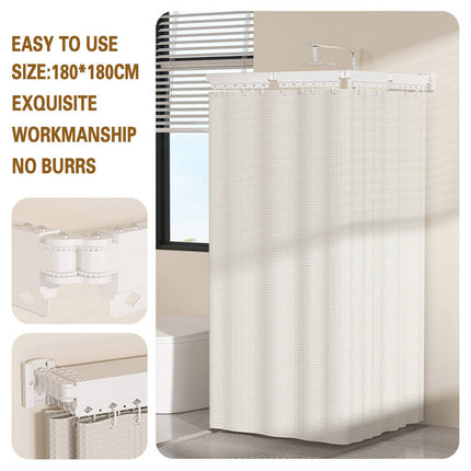 Shower Curtain Set Hidden Foldable Rod No Drill White Curtain Wet Dry Separation