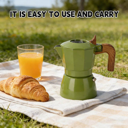 Double Valve Moka Pot Italian Espresso Coffee Maker Aluminium Green Wood Handle
