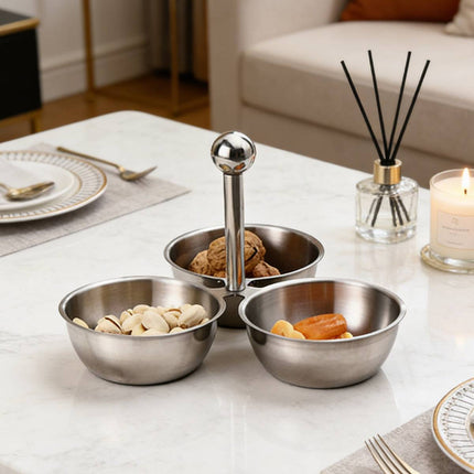 Stainless Steel 3 Bowl Snack Serving Tray Handle