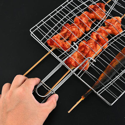Barbecue Net Clamp Iron Wire Mesh with Wooden Handle for Camping Grill