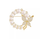 Pearl Butterfly Brooch Pin Round Crystal Wreath Gold Tone Fashion Pin