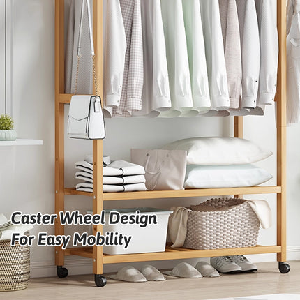Bamboo Floor-Standing Clothes Rack with Wheels Large Capacity Bedroom Entryway