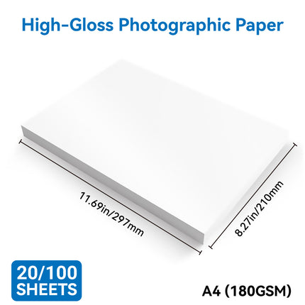 A4 Photo Paper 180GSM High-Gloss Inkjet Printer 20 or 100 Sheets Pack