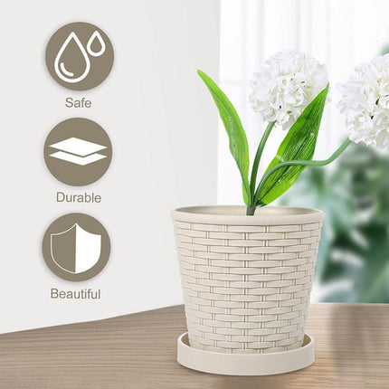 5pcs Bamboo Flower Pot Indoor Round Planter with Drainage Tray Garden Decor