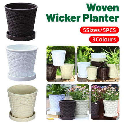 5pcs Bamboo Flower Pot Indoor Round Planter with Drainage Tray Garden Decor