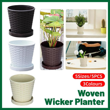 5pcs Bamboo Flower Pot Indoor Round Planter with Drainage Tray Garden Decor