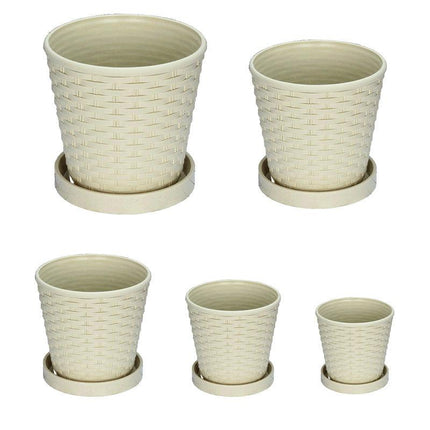 5pcs Bamboo Flower Pot Indoor Round Planter with Drainage Tray Garden Decor