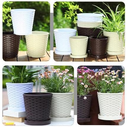 5pcs Bamboo Flower Pot Indoor Round Planter with Drainage Tray Garden Decor