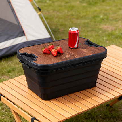 Outdoor Foldable Storage Box 30L with Wooden Lid Table Camping Picnic Car Boot