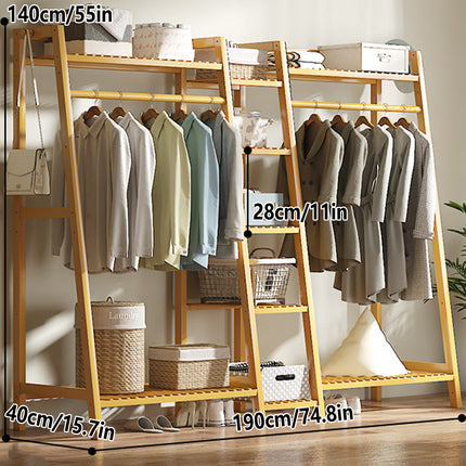Bamboo Floor Standing Clothes Rack Multi Functional Clothes Cabinet Sturdy
