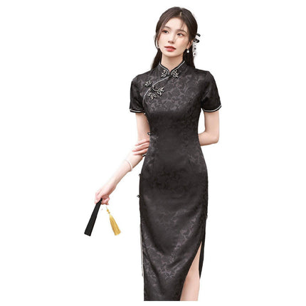 Black Cheongsam Chinese Traditional Above-Knee Dress Split Slim Standing Collar