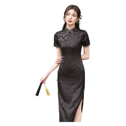 Black Cheongsam Chinese Traditional Above-Knee Dress Split Slim Standing Collar
