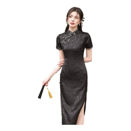 Black Cheongsam Chinese Traditional Above-Knee Dress Split Slim Standing Collar