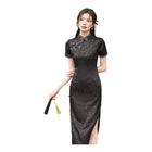 Black Cheongsam Chinese Traditional Above-Knee Dress Split Slim Standing Collar