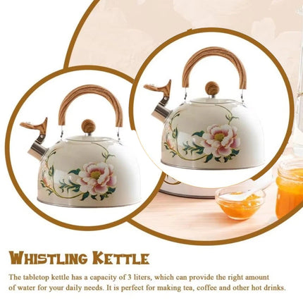 3L Stainless Steel Whistling Kettle Floral Anti Scald Handle for Gas Stove Top