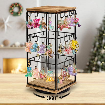 360 Rotation Earring Display Stand Wood Iron Holds 48 Pairs Jewelry Organizer