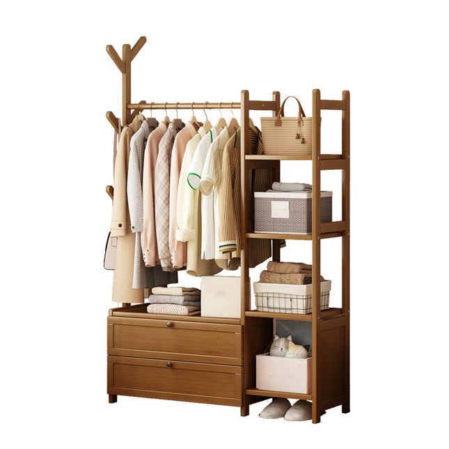 Bamboo Floor-Standing Clothes Rack with Drawers and Hooks Multi-Purpose Durable