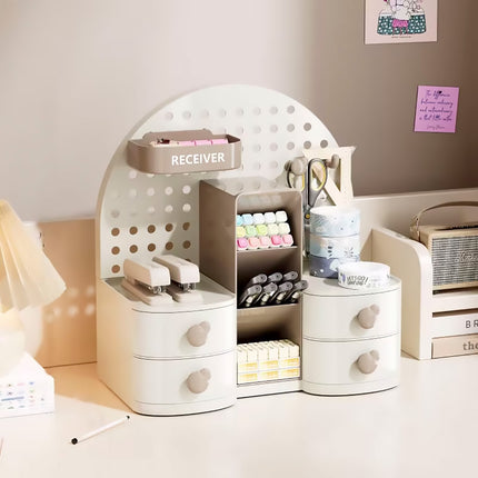 Desk Organiser with Pegboard 2 Drawers Compartments Office Home Stationery