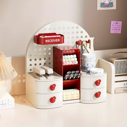 Desk Organiser with Pegboard 2 Drawers Compartments Office Home Stationery