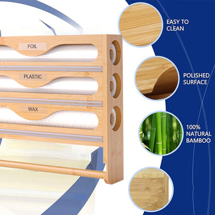 Wall Mounted Plastic Wrap Cutter Bamboo Multi Cell Kitchen Storage Box Organizer