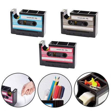 Retro Cassette Tape Style Pen Holder with Tape Dispenser Desktop Organizer