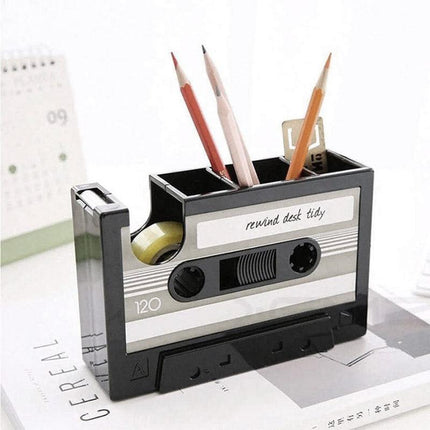 Retro Cassette Tape Style Pen Holder with Tape Dispenser Desktop Organizer