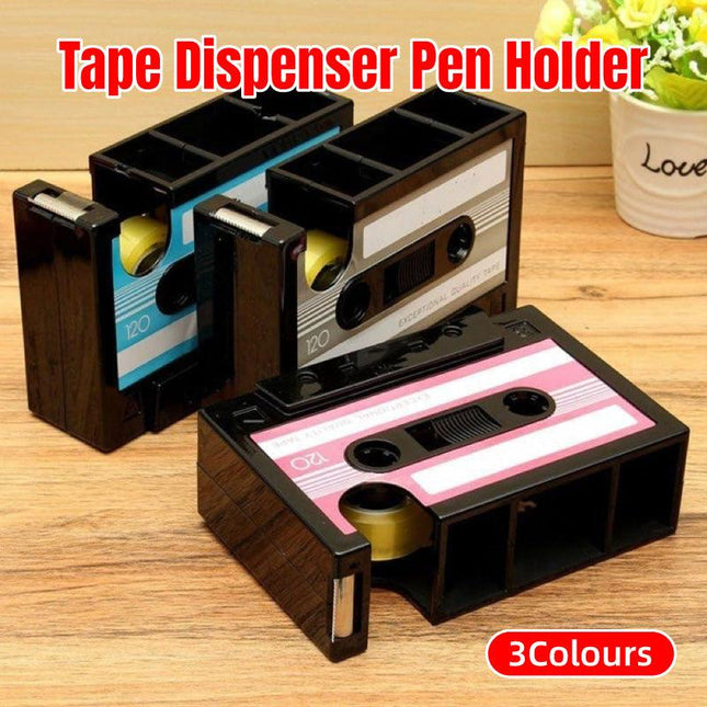 Retro Cassette Tape Style Pen Holder with Tape Dispenser Desktop Organizer