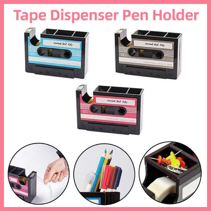 Retro Cassette Tape Style Pen Holder with Tape Dispenser Desktop Organizer