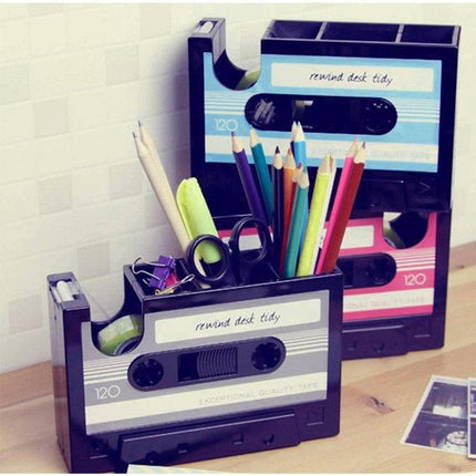 Retro Cassette Tape Style Pen Holder with Tape Dispenser Desktop Organizer