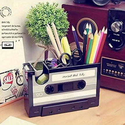 Retro Cassette Tape Style Pen Holder with Tape Dispenser Desktop Organizer