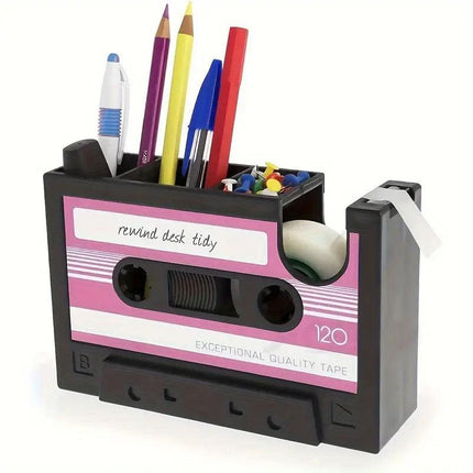 Retro Cassette Tape Style Pen Holder with Tape Dispenser Desktop Organizer