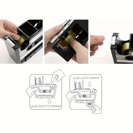 Retro Cassette Tape Style Pen Holder with Tape Dispenser Desktop Organizer