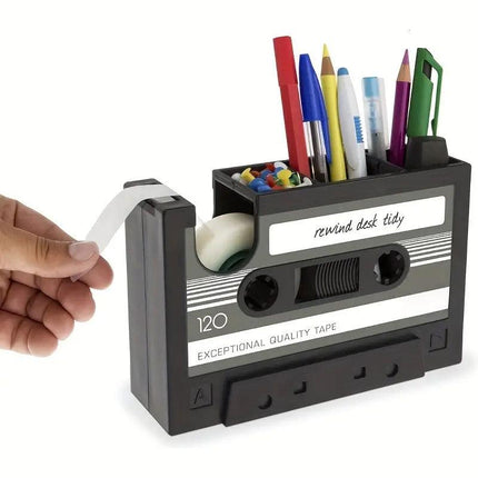 Retro Cassette Tape Style Pen Holder with Tape Dispenser Desktop Organizer