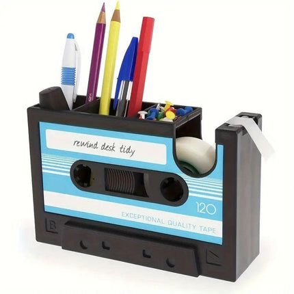 Retro Cassette Tape Style Pen Holder with Tape Dispenser Desktop Organizer