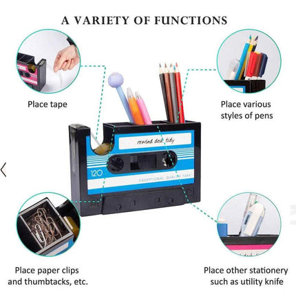 Retro Cassette Tape Style Pen Holder with Tape Dispenser Desktop Organizer