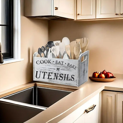 Wooden Rustic Cutlery Organizer Kitchen Utensil Holder Storage Caddy With Handle