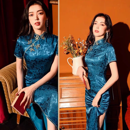 Blue Cheongsam Dress Long Retro Elegant Style Traditional Chinese Qipao Vintage