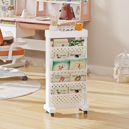 5 Tier Rolling Book Rack Movable Bookshelf Storage Organizer Shelf with Wheels