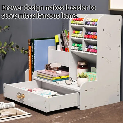 Desktop Stationery Organiser Rack with Side Bookend Drawer for Pens Markers