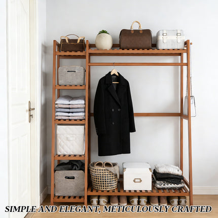 Bamboo Clothes Rack Storage Shelf Hanging Rail Stand With Shelves Hooks