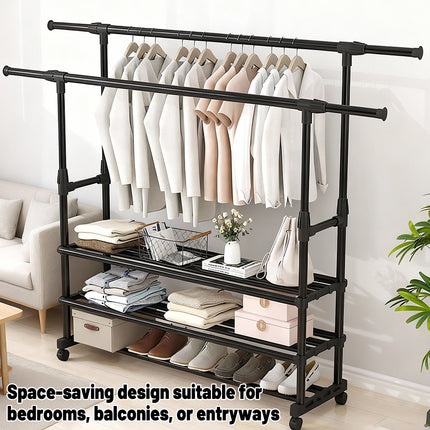 3-Tier Adjustable Height Rolling Clothes Rack Retractable Moveable with Wheels