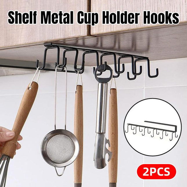 2pcs No Punch Cup Holder Double Row Hooks Mug Storage Rack for Kitchen Shelves