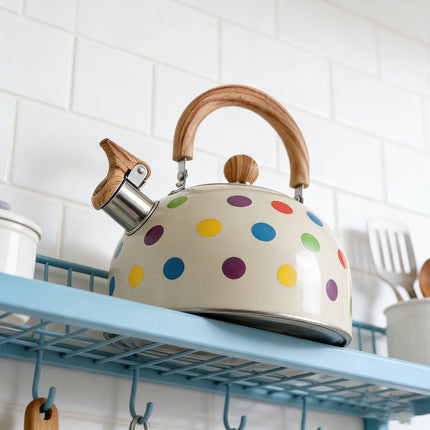 3L Stainless Steel Polka Dot Whistling Kettle Wooden Handle Gas Electric Stove